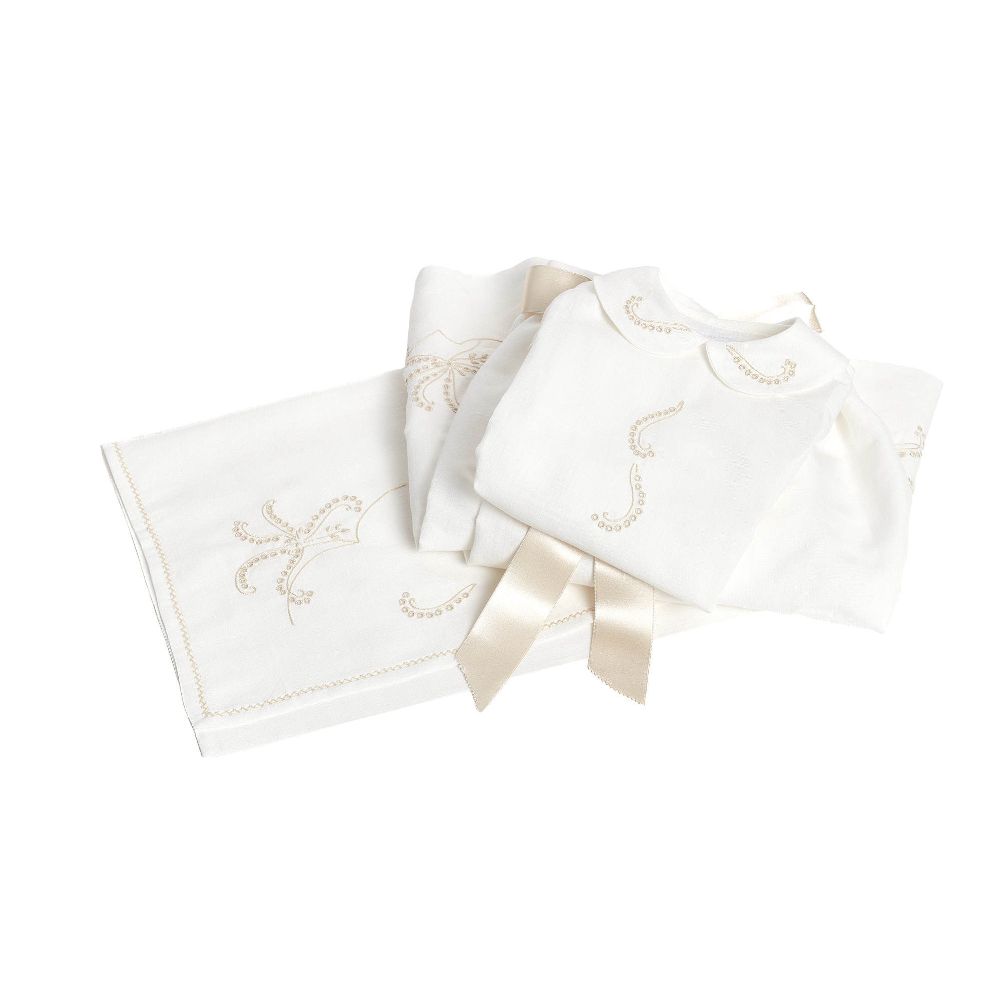 Conjunto de Saia, Camisa e Bolsa de Roupa em Linho Bordado a Bege para bebé