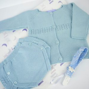 Casaco de malha, Tapa Fraldas e Prende Chucha Azul