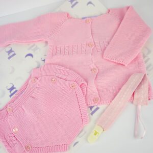 Casaco de malha, Tapa Fraldas e Prende Chucha Rosa